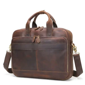 Men’s Genuine Leather Briefcase Handbag for Bestseller Full Grain Cowhide 14 Inch Business Bag European American
