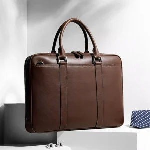 Men’s Genuine Leather Business Briefcase Portable Laptop Bag with Zipper Closure Large Capacity Crossbody Design