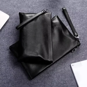 Men’s Genuine Leather Casual Envelope Clutch Bag Polyester Lining Large Capacity Wear Resistant