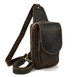 Men’s Genuine Leather Chest Bag Crazy Horse Leather Crossbody Bag Sling Backpack Causal Shoulder Bag