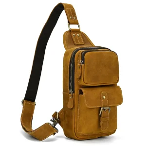 Men’s Genuine Leather Chest Bag Crossbody Bag Single Shoulder Bagpack Male Leather Chest Pack for Man