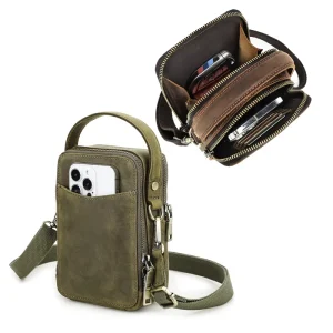 Men’s Genuine Leather Crossbody Bag MB239 Navy Green with Zipper Portable Phone Bag Ready Stock