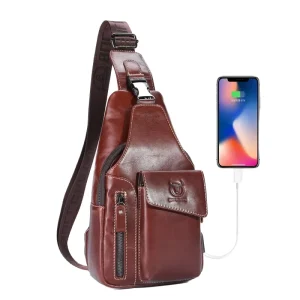 Men’s Genuine Leather Crossbody Chest Bag Sling Backpack with USB Charging Port One Shoulder Purse