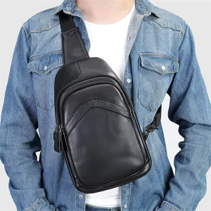 Men’s Genuine Leather Crossbody Chest Bag Travel Shoulder Daypack Leather Sling Bag