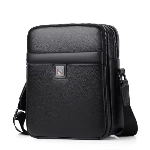 Men’s Genuine Leather Crossbody Messenger Bag Double Zipper Multi Pocket Lightweight Vintage Summer Fashion Business Casual