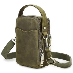 Men’s Genuine Leather Crossbody Passport Bag with Zipper Portable Phone Bag Messenger Bags
