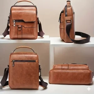 Men’s Genuine Leather Crossbody & Shoulder Bag Retro Vertical Handbag Business Casual Anti-Theft Portable Fashion Zipper Closure