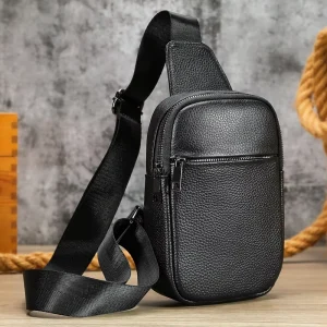 Men’s Genuine Leather Crossbody Sling Bag Vintage Fashion Chest Shoulder Bag with Zipper Closure Chest Bag