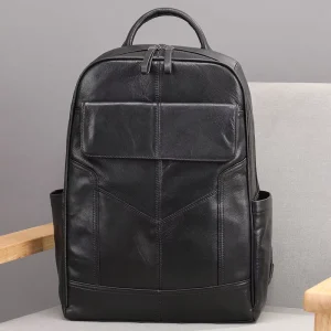 Men’s Genuine Leather Fashion Business Casual Laptop Backpack Zipper Closure Large Capacity Waterproof Lightweight Travel Daily