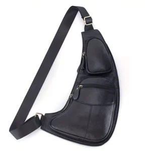 Men’s Genuine Leather Fashion Waterproof Chest Bag Cowhide Crossbody Shoulder Bag Casual Trendy Chest Pack for Outdoor Sports