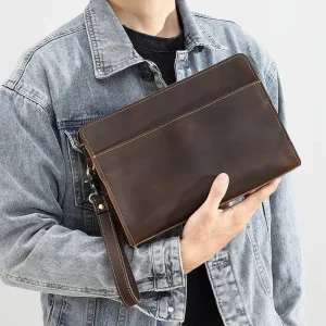Men’s Genuine Leather Handbag Zipper Closure Wrist Bag for Card and Money Storage Portable Daily Casual Use