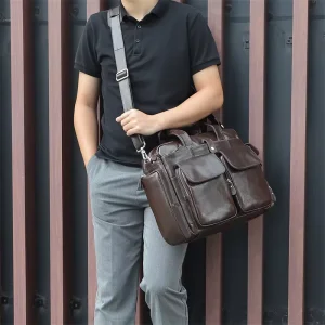 Men’s Genuine Leather Hard Bag Waterproof Laptop Briefcase Multi Pocket Business Casual