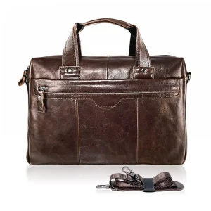 Men’s Genuine Leather Laptop Briefcase Business Travel Crossbody Bag Large Capacity Vintage Design Waterproof Wear Resistant
