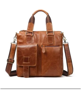 Men’s Genuine Leather Laptop Briefcase Shoulder Crossbody Handbag Europe Style Business Retro Zipper Work Large Capacity