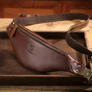Men’s Genuine Leather Logo Pattern Fanny Pack Waist Bag Adjustable Belt Waterproof Zipper Hasp Closure Retro Wild