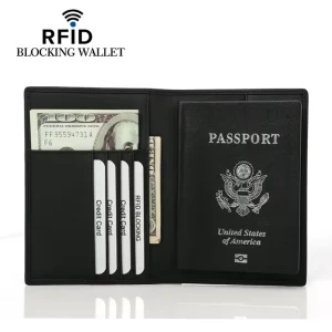 Men’s Genuine Leather Passport Wallets Anti Theft RFID Short Wallet Black Credit Card Holder Money Clip Wallet for Man