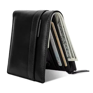Men’s Genuine Leather RFID Blocking Bifold Card Holder Wallet With Zipper