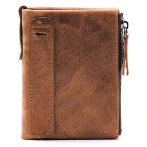 Men’s Genuine Leather RFID Blocking Short Tri-fold Wallet Cover Credit Card Holder Coin Pocket Minimalist Design Embossed Logo
