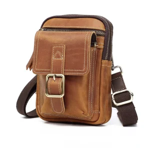 Men’s Genuine Leather Retro Style Durable Lightweight Vertical Crossbody Shoulder Bag for Outdoor