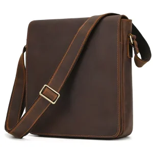 Men’s Genuine Leather Shoulder Bag Vintage Crazy Horse Leather Flap Messenger Bag Cow Leather Crossbody Bag