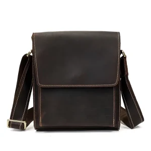 Men’s Genuine Leather Shoulder Bag Vintage Crazy Horse Leather Flap Messenger Bag Cow Leather Crossbody Bag