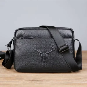 Men’s Genuine Leather Shoulder Bag for Man Business Casual Trendy Horizontal Top Cowhide Messenger Bag