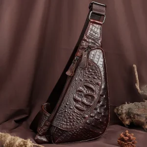 Men’s Genuine Leather Sling Bag Vintage Crocodile Pattern Chest Crossbody Backpack Casual Daypack for Travel Daily Use Chest Bag