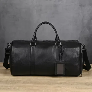 Men’s Genuine Leather Travel Bag Black Gym Bag with Shoe Compartment Cylinder Handbag Top Layer Cowhide Crossbody Bag Barrel Ba