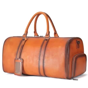 Men’s Genuine Leather Travel Bag Black Gym Bag with Shoe Compartment Handbag Cowhide Crossbody Round Barrel Luggage Bag