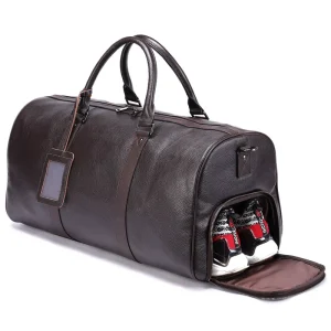 Men’s Genuine Leather Travel Bag Black Gym Bag with Shoe Compartment Handbag Cowhide Crossbody Round Barrel Luggage Bag