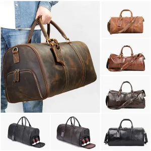 Men’s Genuine Leather Travel Bag Sports Gym Bag Large Capacity Weekend Overnight Luggage Travel Duffle Bag