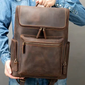 Men’s Genuine Leather Vintage Backpack Waterproof Multifunctional Cowhide Zipper Outdoor Leisure Travel Computer 20-35L