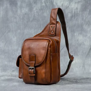 Men’s Genuine Leather Vintage Chest Shoulder Bag Waterproof Zipper Durable Large Capacity Daily Use Business Outdoor