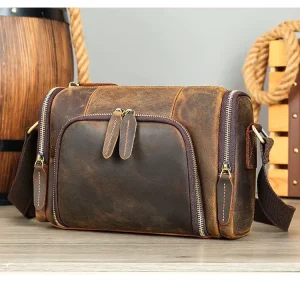Men’s Genuine Leather Vintage Messenger Bag with Crossbody Shoulder Strap Waterproof Durable for Business Use All Seasons