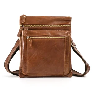 Men’s Genuine Leather Vintage Style Messenger Shoulder Crossbody Bag Adjustable Strap Solid Color Multi-Use Business