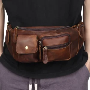 Men’s Genuine Leather Waist Bag Multi Function Money Belt Zipper Closure Stylish Shoulder Crossbody Pouch Chest Bag