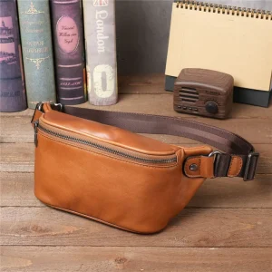 Men’s Genuine Leather Waist Bag New Trendy First-Layer Cowhide Large Capacity Sports Cross-Body Chest Bag Mobile Phone