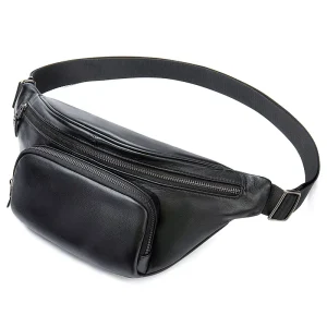 Men’s Genuine Leather Waist Bag Outdoor Hiking Travel Fanny Pack with Adjustable Belt Chest for Cell Phone Carrying