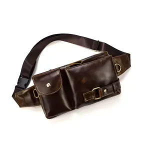 Men’s Genuine Leather Waist Belt Bag Sports Business Travel Fanny Pack Multi Layer Storage Zipper Black Mobile Accessory