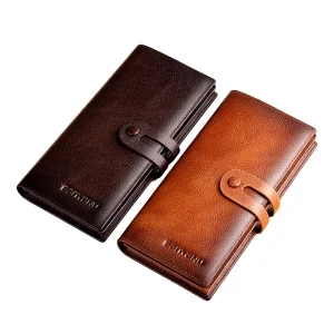 Men’s Genuine Leather Wallet RFID Protection Vintage Style Long Large Capacity Cowhide Zipper