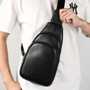 Men’s Genuine Leather Waterproof Chest Bag with Zipper Closure and Large Capacity Outdoor Straps