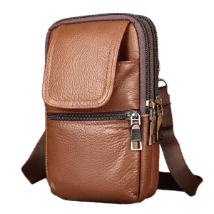 Men’s Genuine Leather Waterproof Crossbody Bag Small Waist Fanny Pack with Zipper Closure Cell Phone Purse
