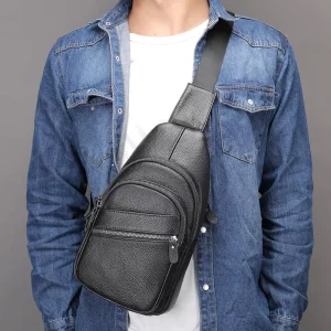Men’s Genuine Leather Waterproof Daypack Leather Chest Sling Bag Shoulder Crossbody Bag Chest Bags for Men
