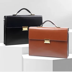 Men’s Genuine Leather Waterproof Hard Briefcase Zipper Closure Business Laptop Official Use Polyester Lining Daily Life