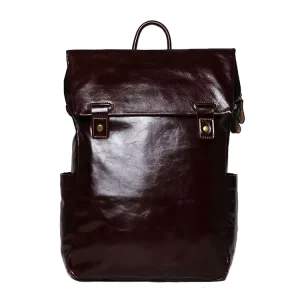 Men’s Genuine Leather Waterproof Vintage Backpack with Zipper Closure for Outdoor Travel