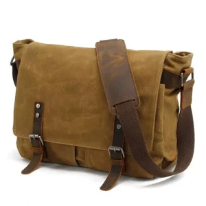 Men’s Genuine Leather Waxed Canvas 14″ Laptop Waterproof Durable Vintage Shoulder Messenger Bag Daily Use School Satchel