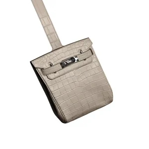 Men’s Gray Matte Genuine Crocodile Leather Chest Bag Drawstring Buckle Casual Crossbody Shoulder Bag for Daily Use