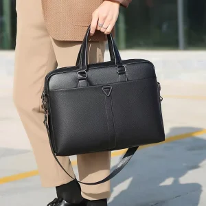 Men’s Handheld Shoulder Strap Business Laptop Bag Zipper Closure Water Resistant Wear Resistant PU Material for Office Business