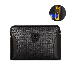 Men’s High End Fashion Business Clutch Genuine Leather Vintage Fingerprint Handbag Zipper Closure Large Capacity Anti Theft