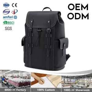 Men’s High End Fashion Waterproof Genuine Leather Laptop Backpack Cover Polyester Lining 16inch Capacity Curved Shoulder Strap